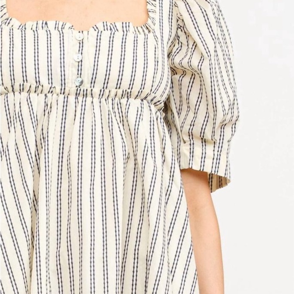 Striped Square-Neck Puff Sleeve Mini Dress - Cream/Black - Picture 4 of 4